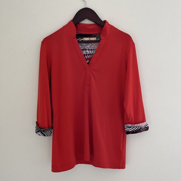 SPORT HALEY Mock Neck Half Sleeve Rhinestone Detailed Polo, Blood Orange- Small - Picture 3 of 9